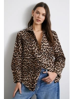 Leopar Desenli Poplin Gömlek Bej
