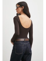 U Yaka Uzun Kollu Çıtçıtlı Bodysuit Kahve