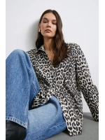 Leopar Desenli Saten Gömlek Bej