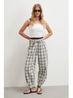 Paça Düğmeli Ekose Pantolon Krem