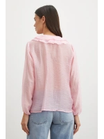 Önü Fırfırlı V Yaka Bluz Pembe