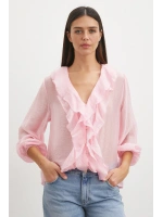 Önü Fırfırlı V Yaka Bluz Pembe