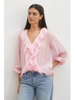 Önü Fırfırlı V Yaka Bluz Pembe