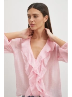 Önü Fırfırlı V Yaka Bluz Pembe