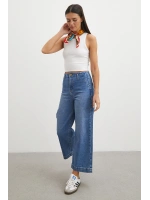 Yüksek Bel Cep Detaylı Wide Leg Jean Mavi