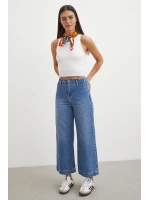 Yüksek Bel Cep Detaylı Wide Leg Jean Mavi