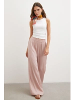 Beli Lastikli Dökümlü Geniş Paça Pantolon Pembe
