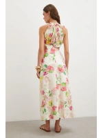 Yanları Dekolteli Askılı Desenli Elbise Yeşil