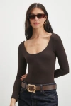 U Yaka Uzun Kollu Çıtçıtlı Bodysuit Kahve