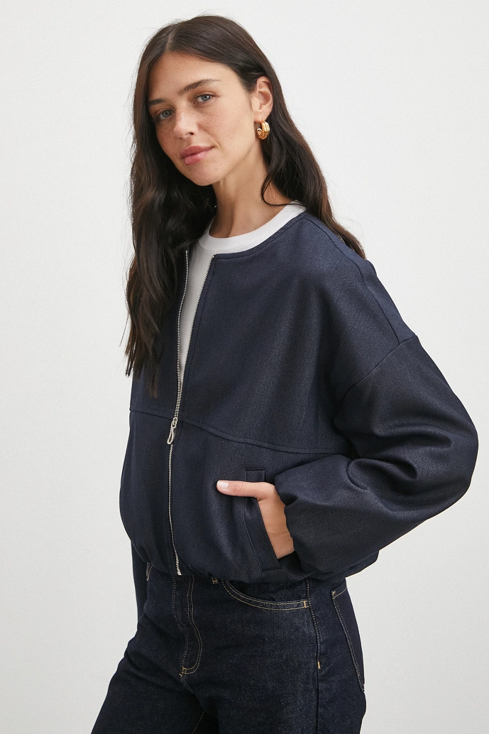 Beli Lastikli Fermuarlı Denim Görünümlü Bomber Ceket Lacivert