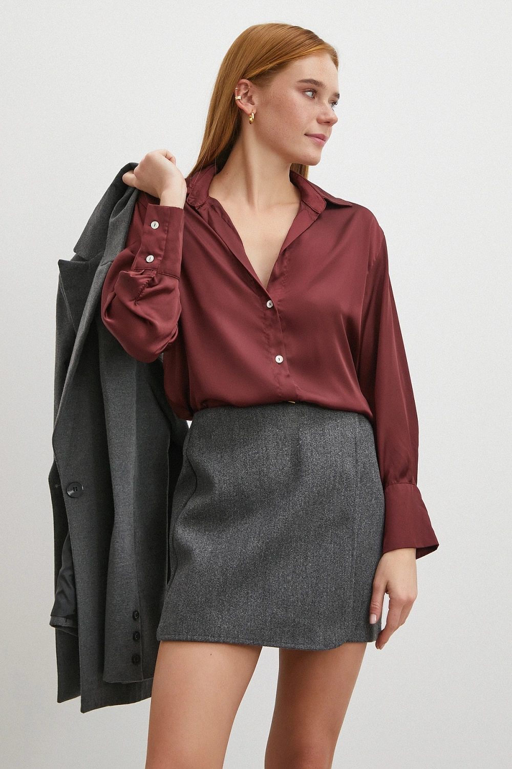 Basic Saten Gömlek Bordo