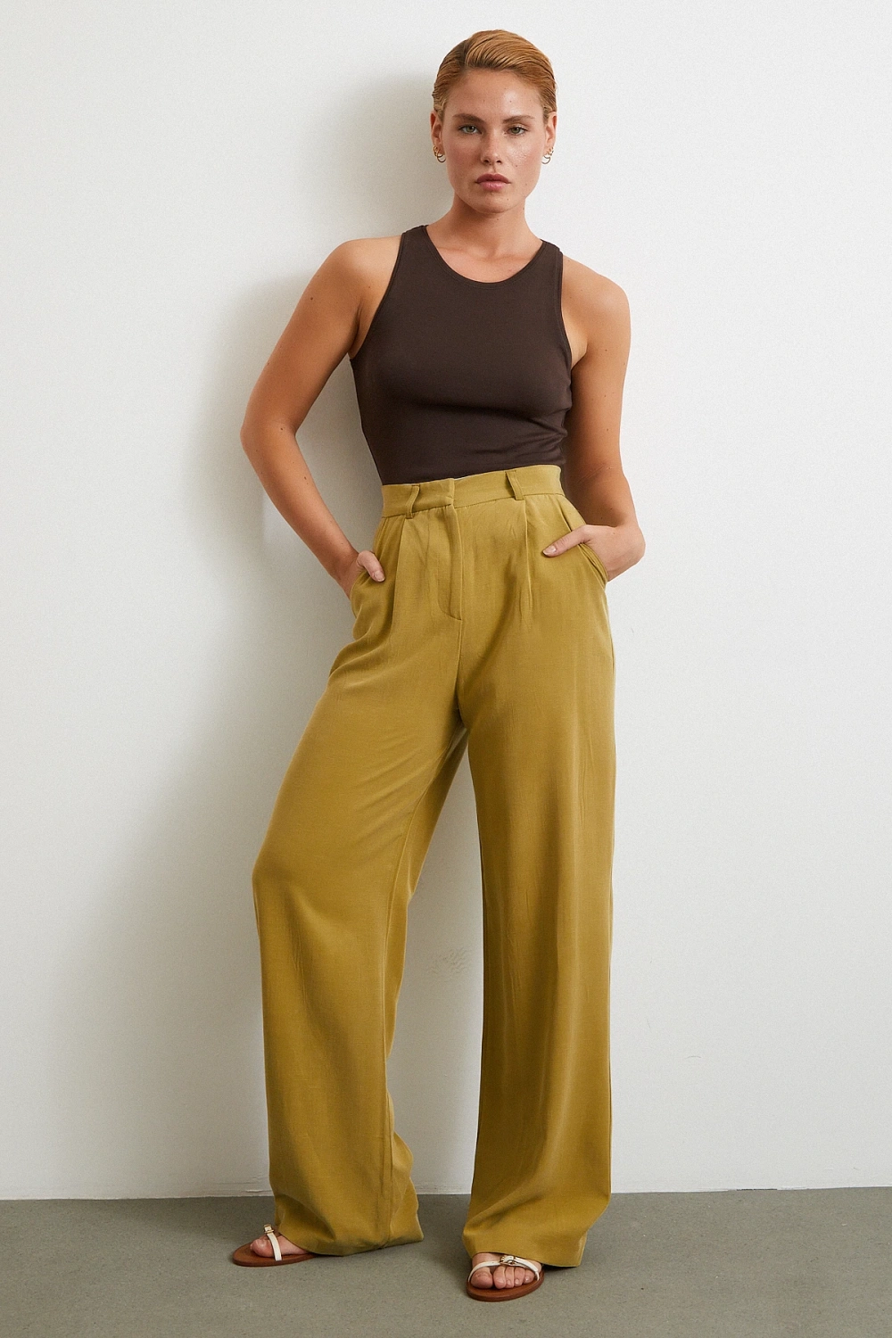 Keten Palazzo Pantolon Olive