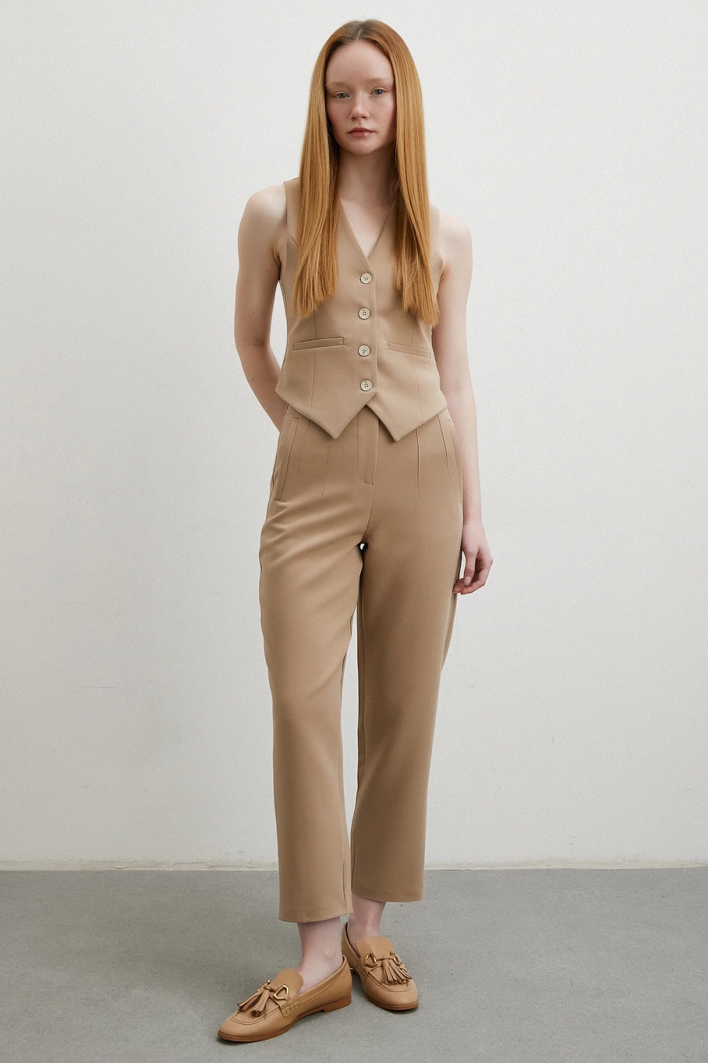 Önü Pensli Skinny Kumaş Pantolon Vizon