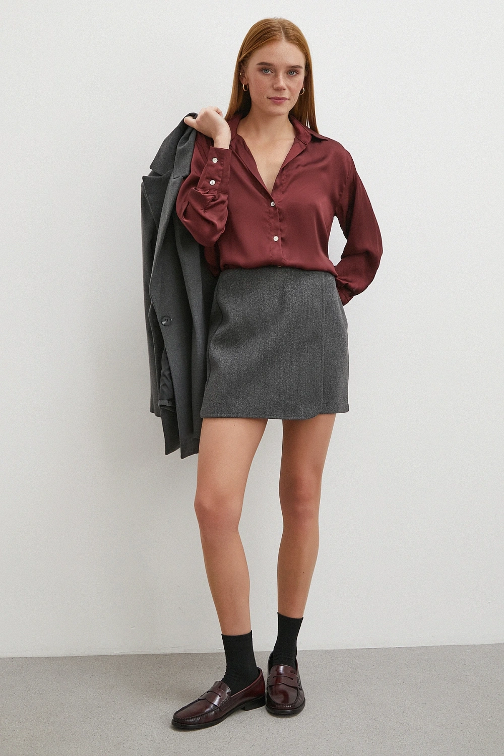 Basic Saten Gömlek Bordo