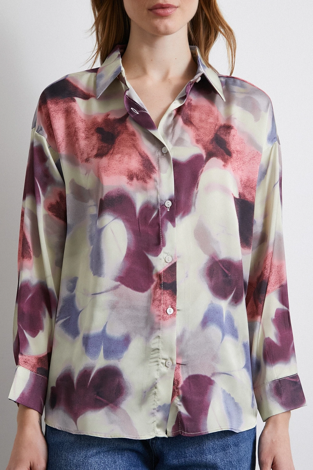 Batik Desen Saten Gömlek Lila