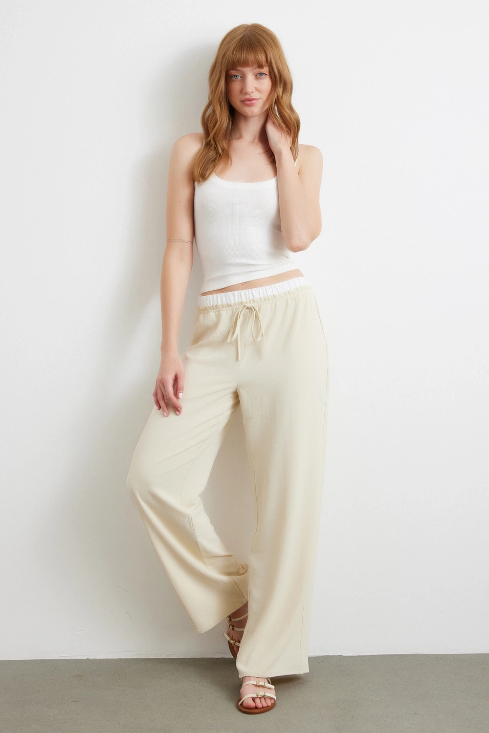 Bel Bantlı Wide Leg Pantolon Krem