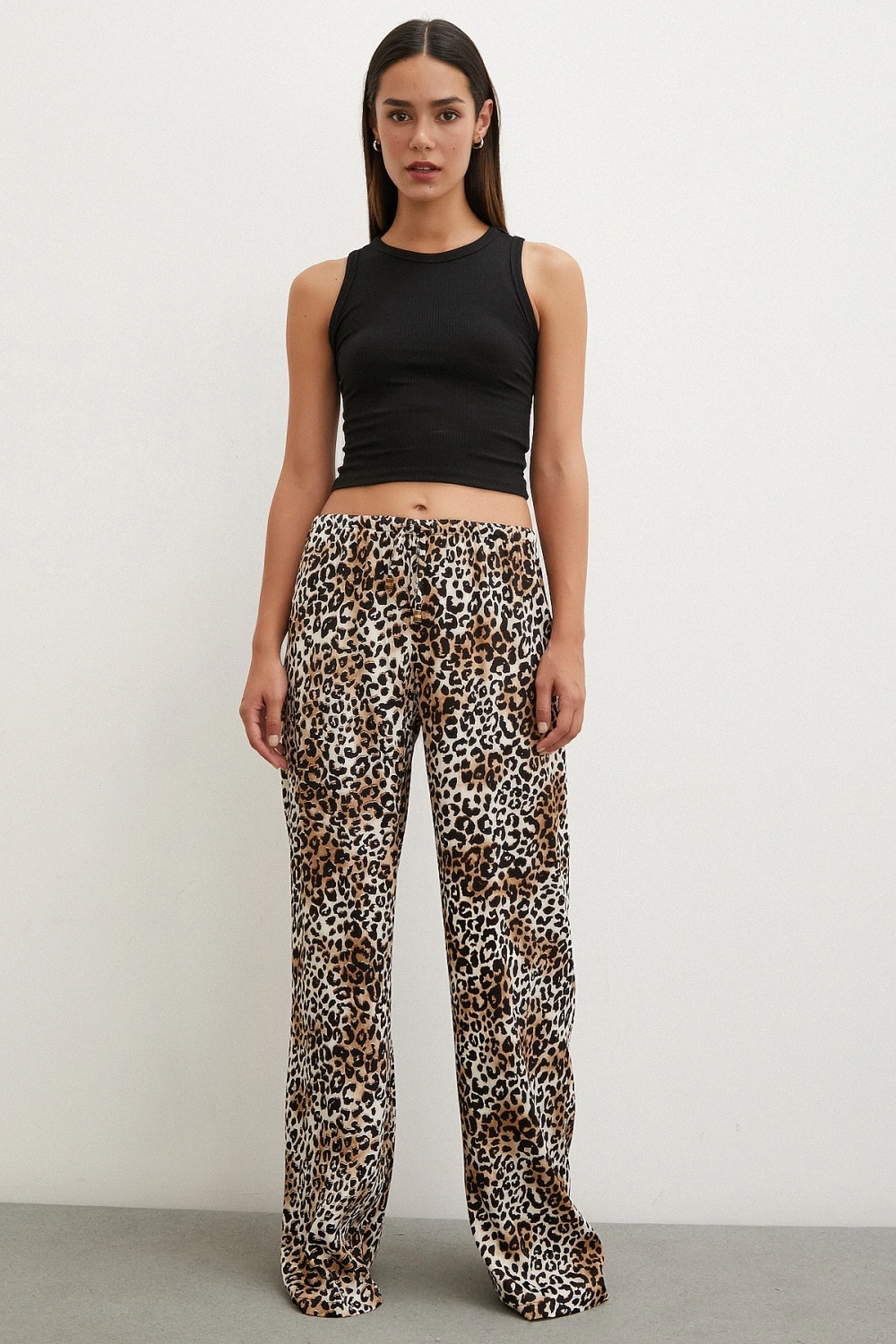 Leopar Saten Pantolon Siyah