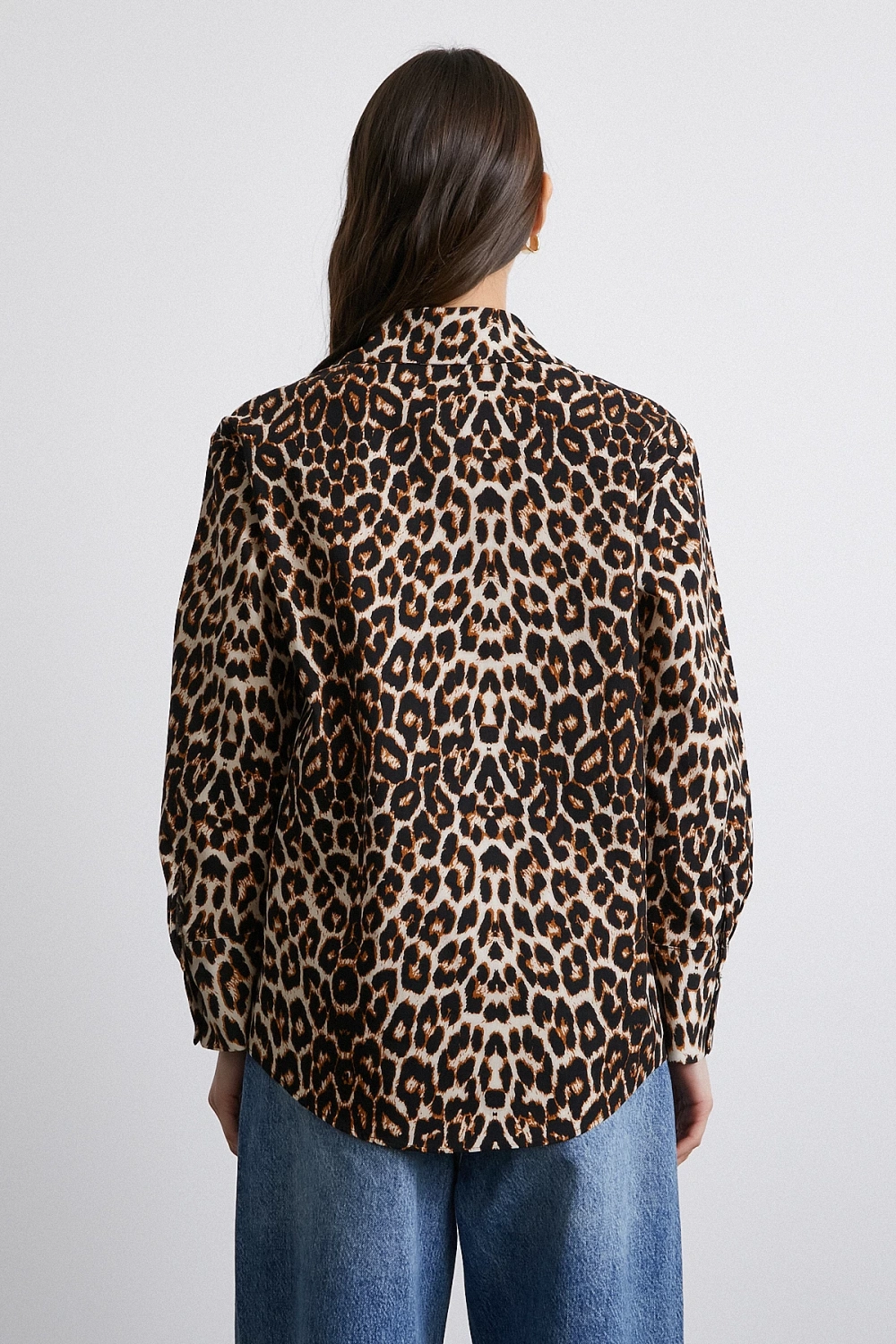 Leopar Desenli Poplin Gömlek Bej