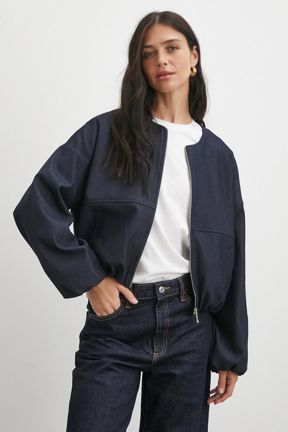Beli Lastikli Fermuarlı Denim Görünümlü Bomber Ceket Lacivert