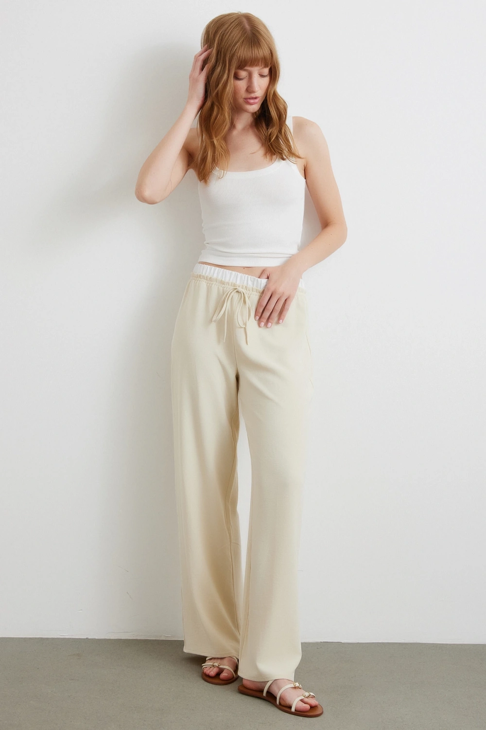 Bel Bantlı Wide Leg Pantolon Krem