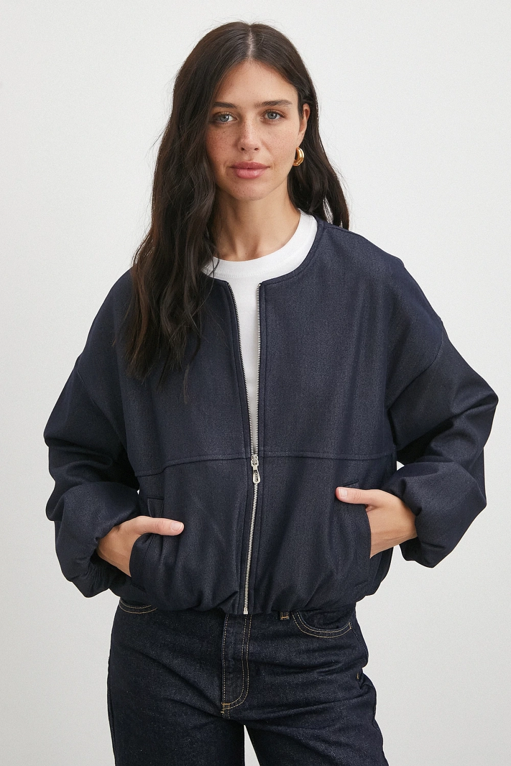 Beli Lastikli Fermuarlı Denim Görünümlü Bomber Ceket Lacivert