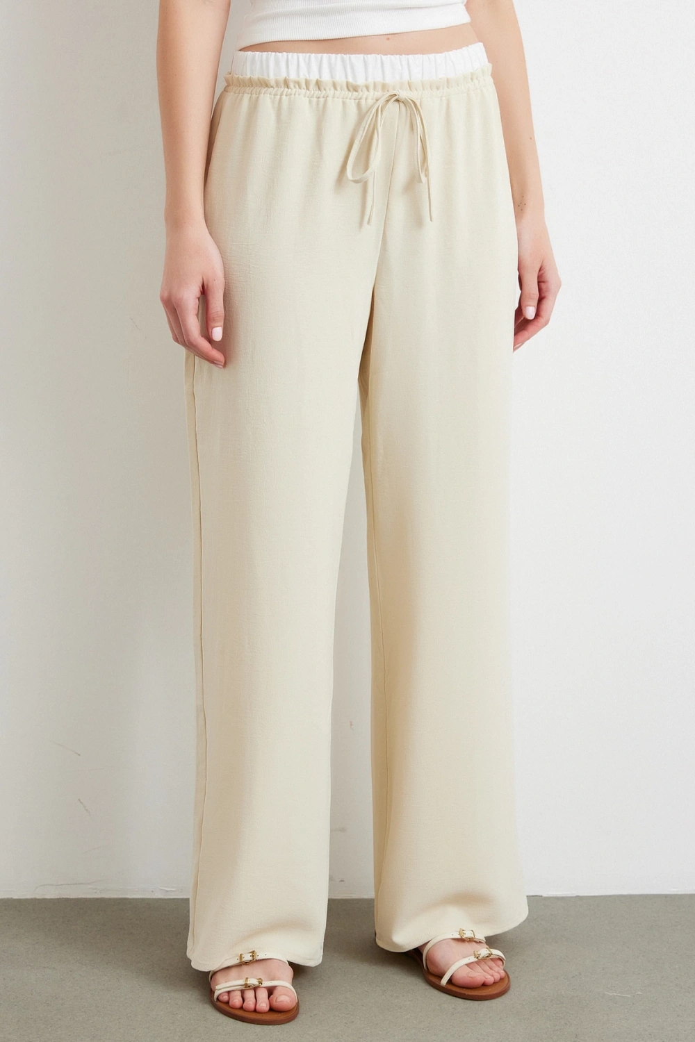 Bel Bantlı Wide Leg Pantolon Krem