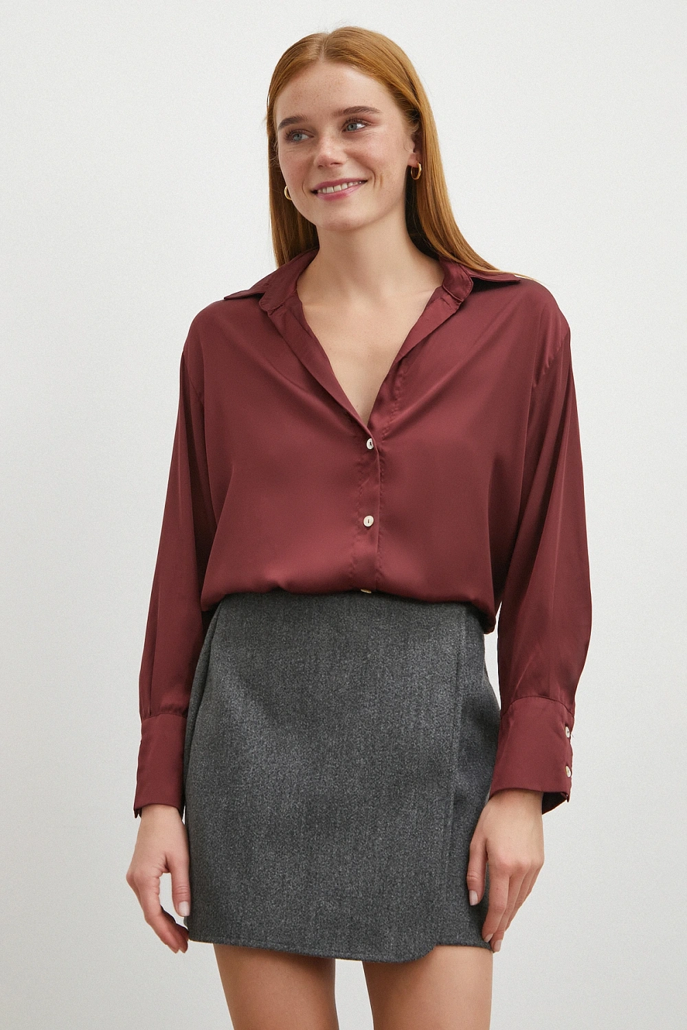 Basic Saten Gömlek Bordo