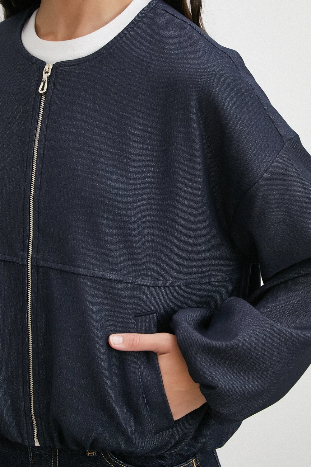 Beli Lastikli Fermuarlı Denim Görünümlü Bomber Ceket Lacivert