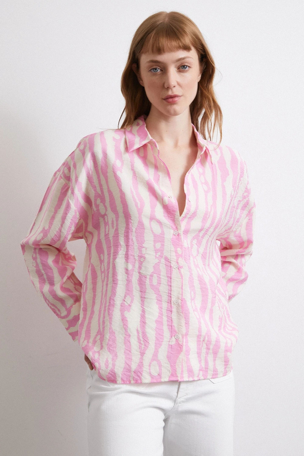 Zebra Desen Modal Gömlek Pembe