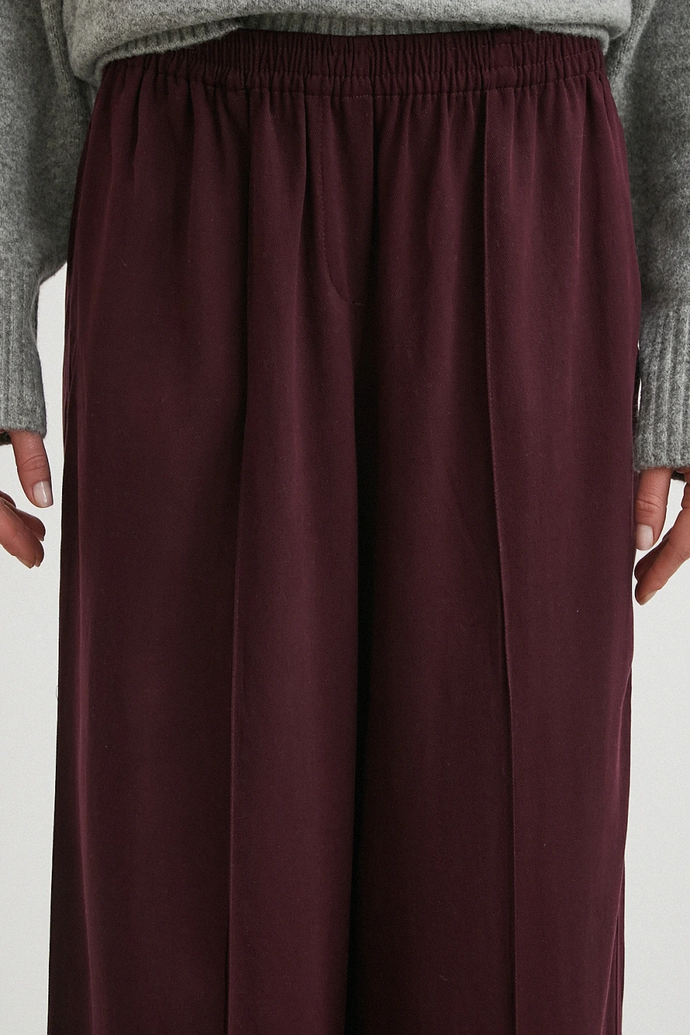 Çizgi Detaylı Geniş Paça Beli Lastikli Pantolon Bordo