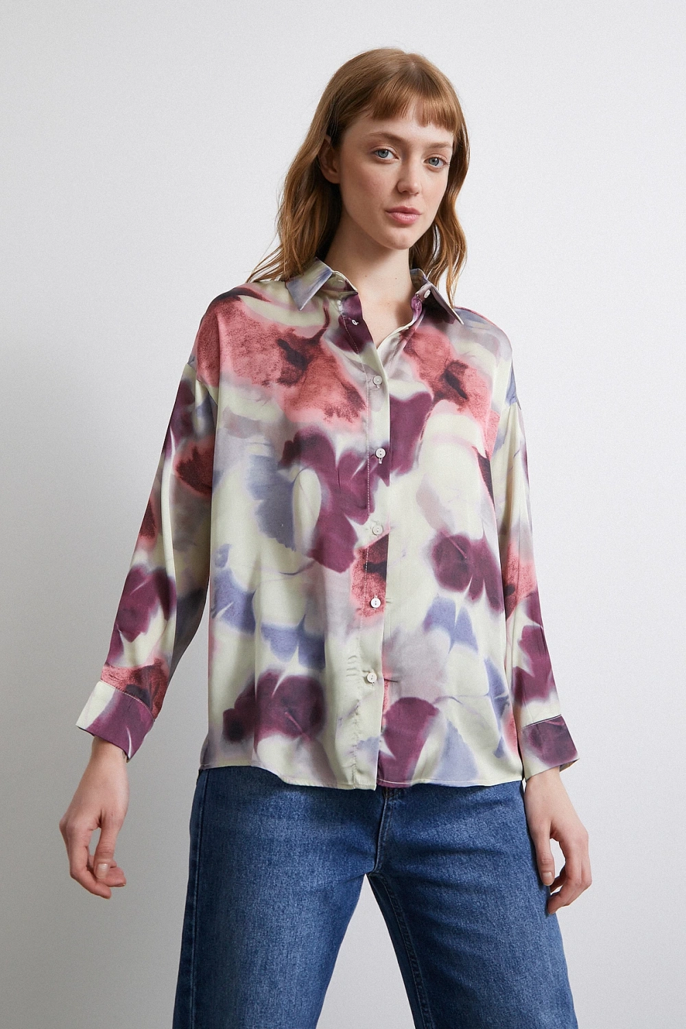 Batik Desen Saten Gömlek Lila