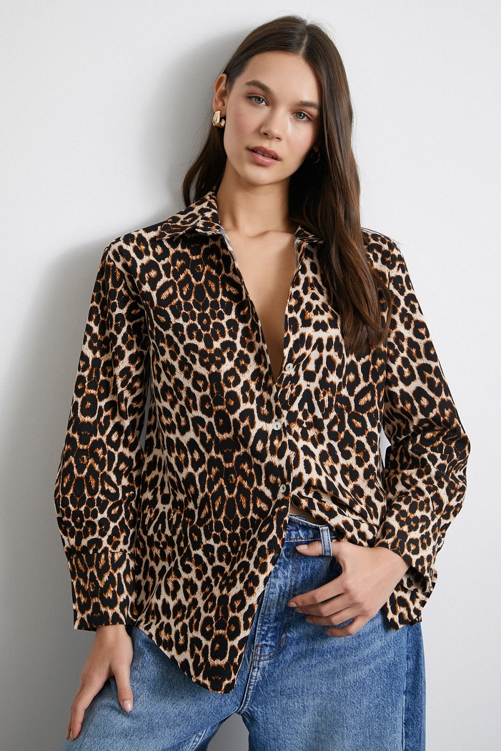 Leopar Desenli Poplin Gömlek Bej