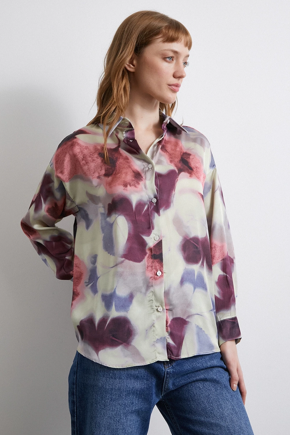Batik Desen Saten Gömlek Lila