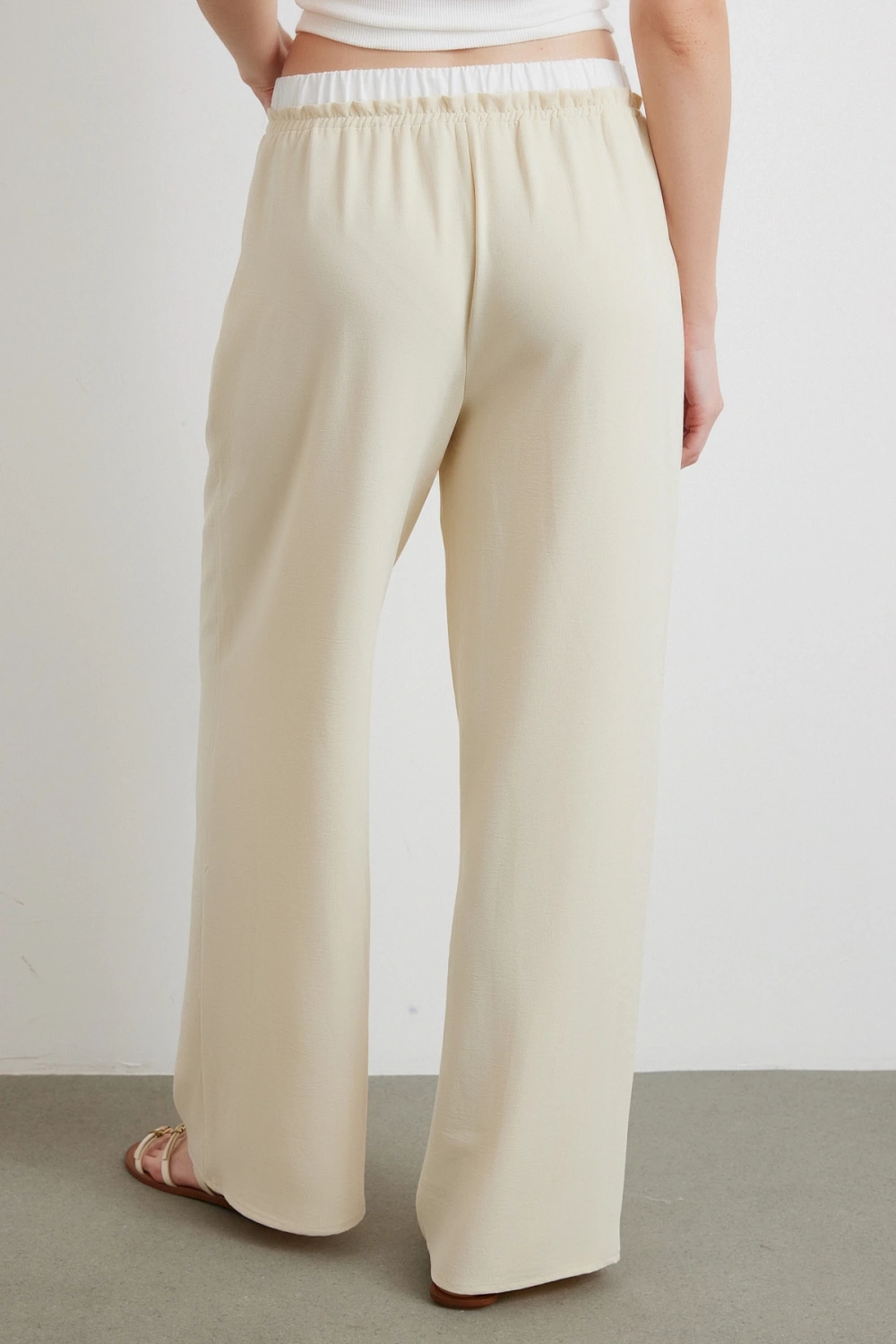 Bel Bantlı Wide Leg Pantolon Krem