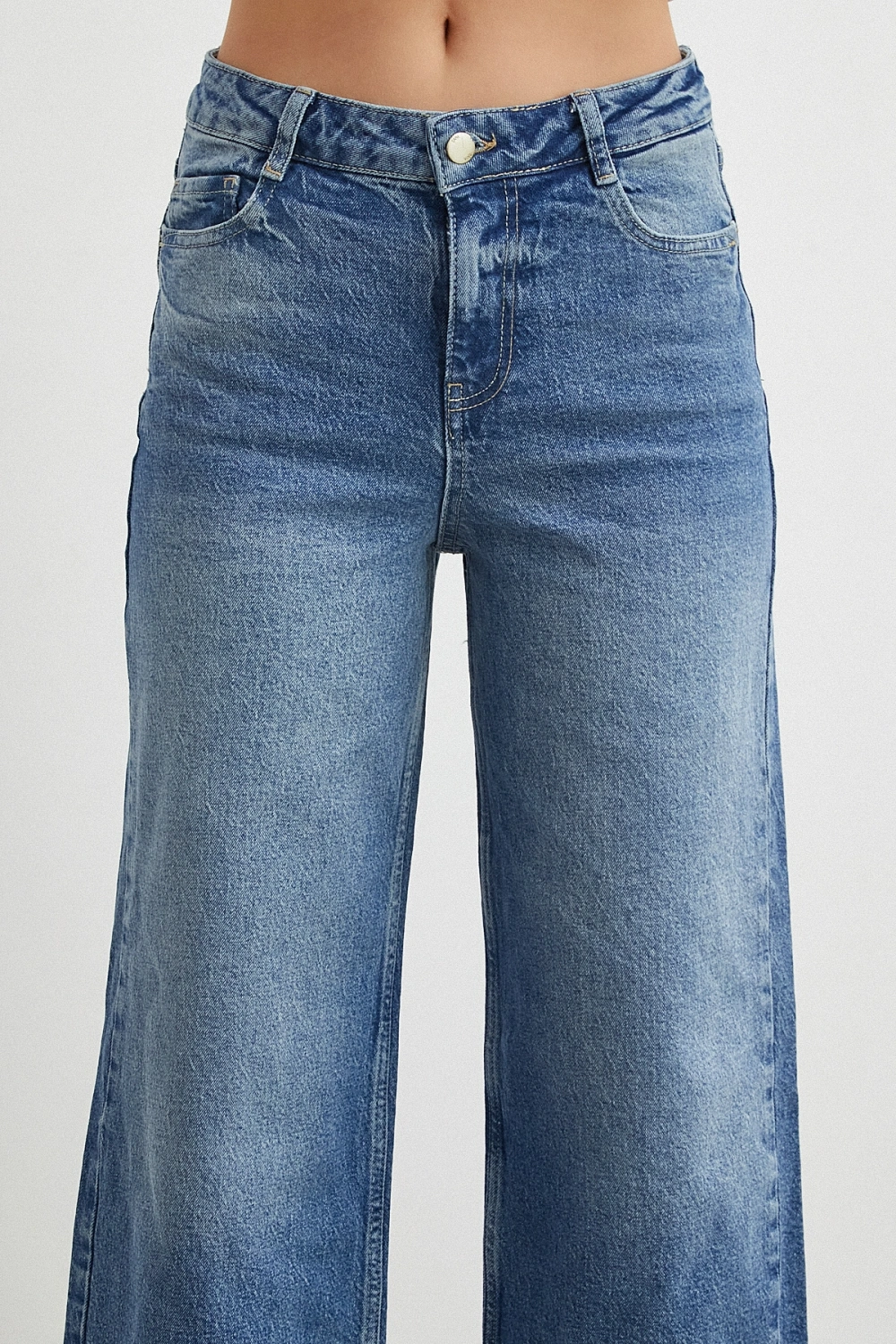 Yüksek Bel Beş Cepli Cropped Jean Mavi