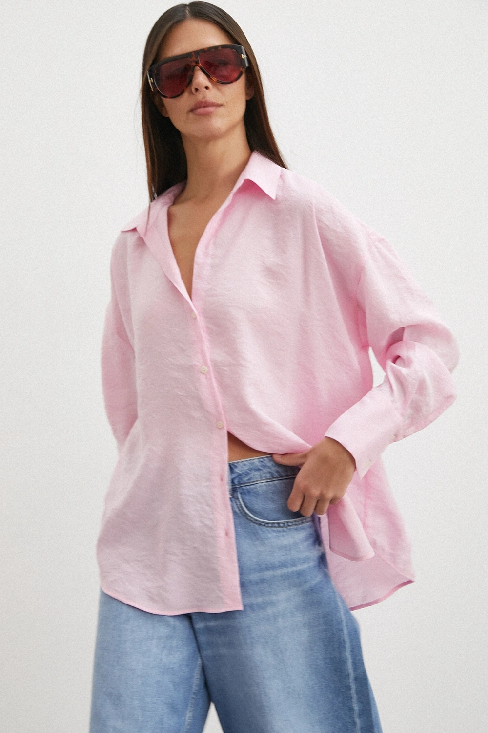 Dökümlü Oversize Modal Gömlek Pembe