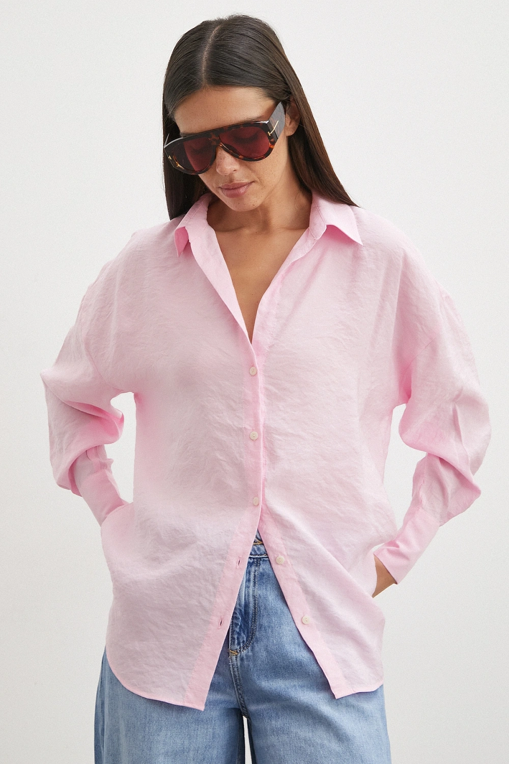 Dökümlü Oversize Modal Gömlek Pembe