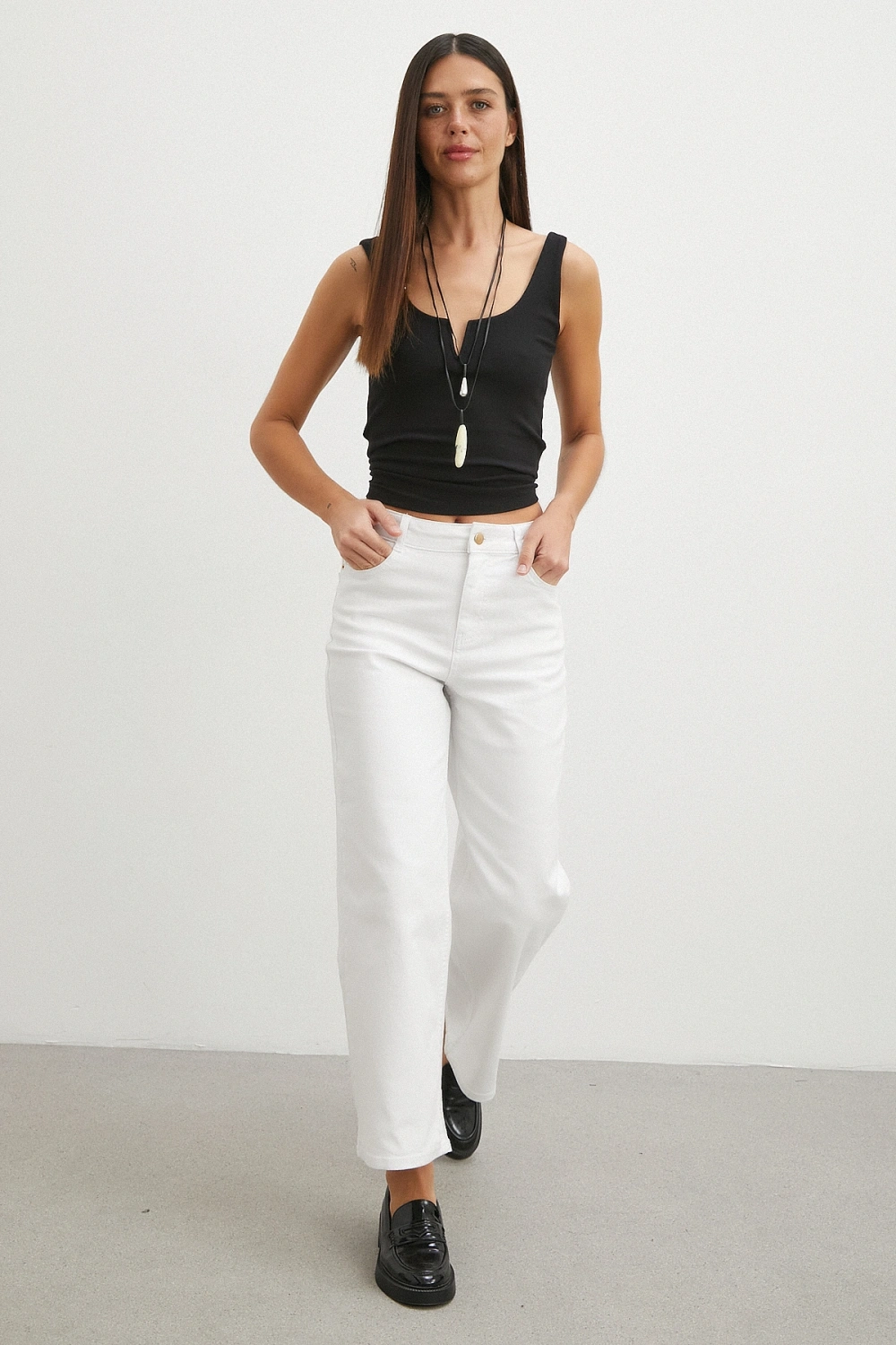 Yüksek Bel Culotte Jean Beyaz
