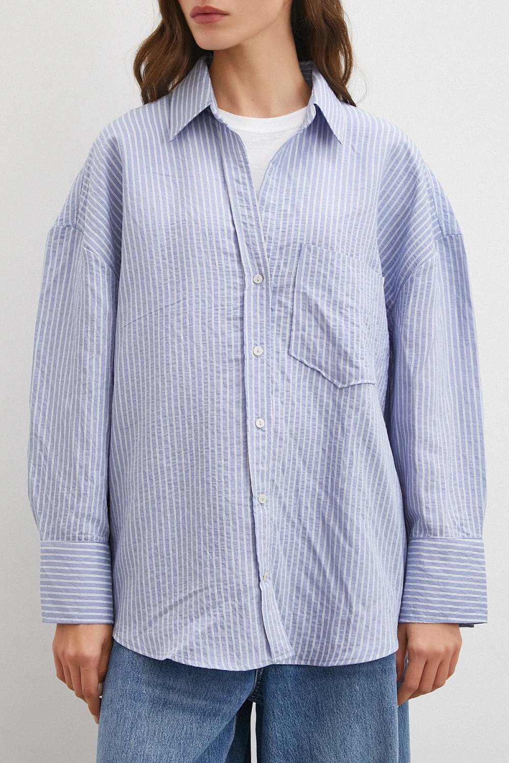 Çizgili Oversize Gömlek Açık Mavi