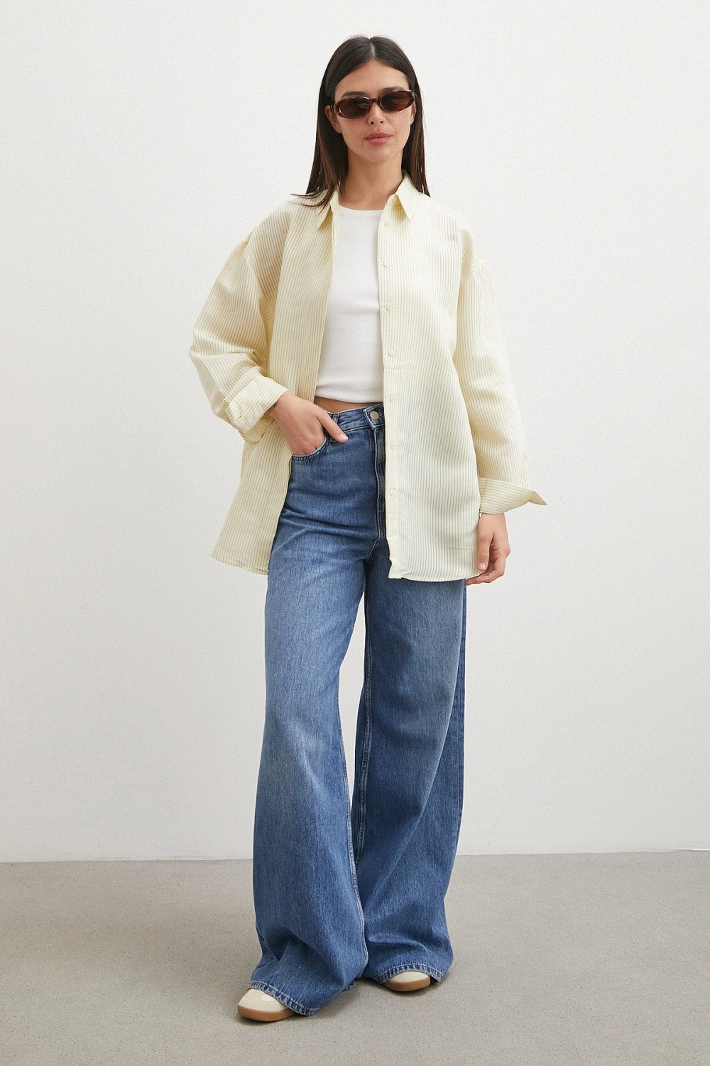 Çizgili Oversize Pastel Gömlek Sarı