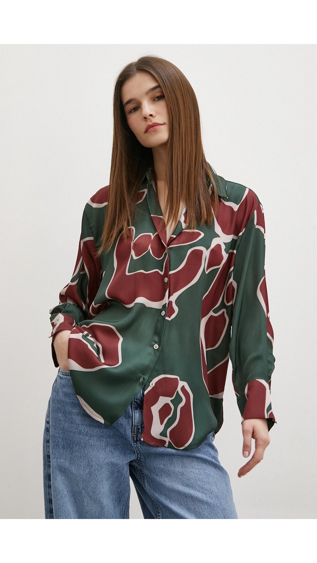 Baskılı Saten Gömlek Mor