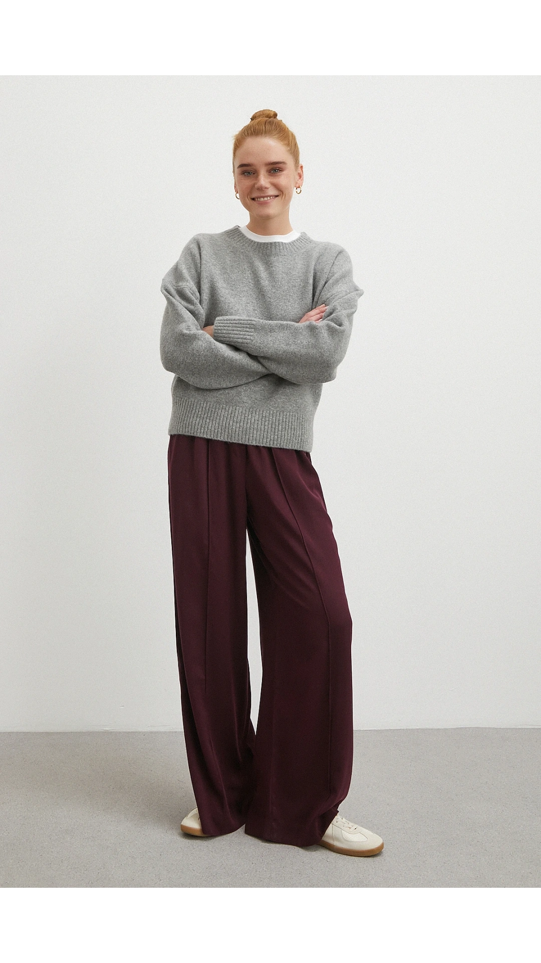 Çizgi Detaylı Geniş Paça Beli Lastikli Pantolon Bordo