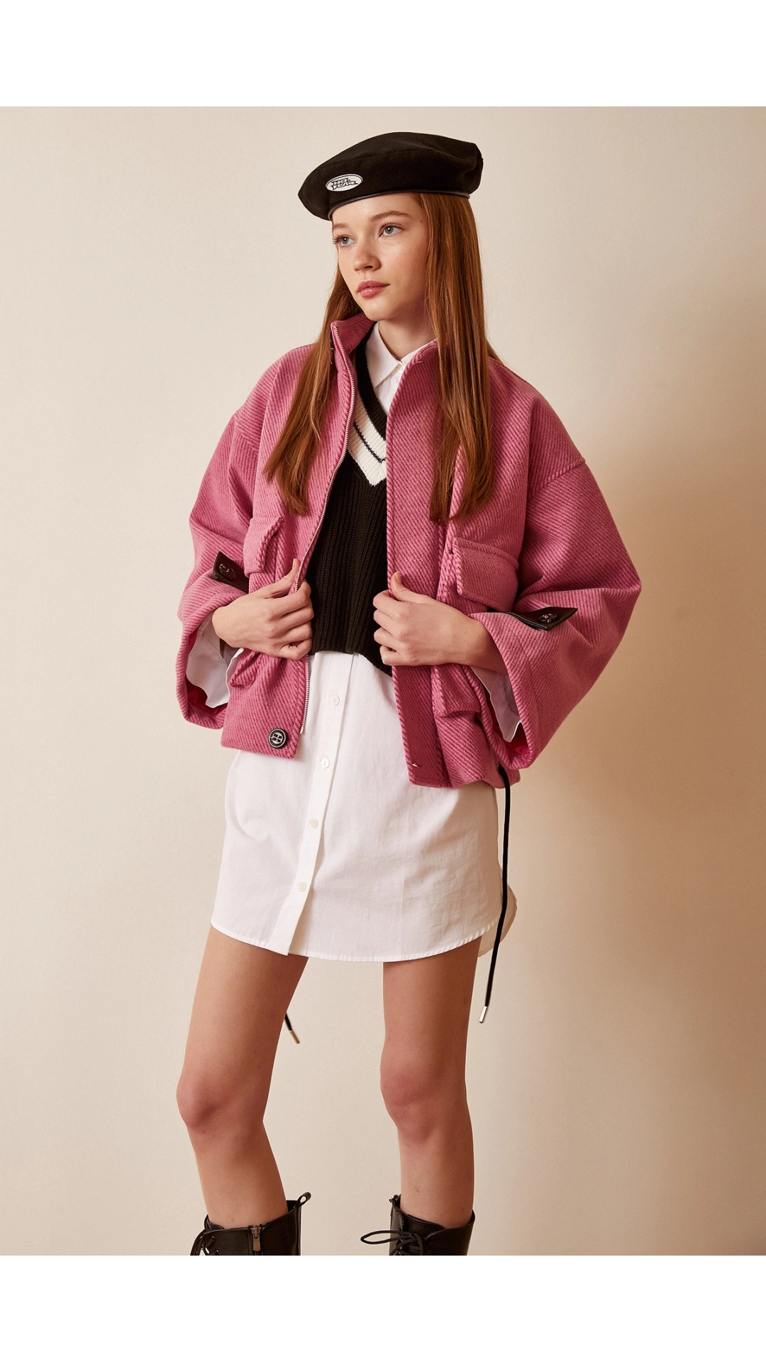 Cep Detaylı Bağcıklı Crop Ceket Pembe