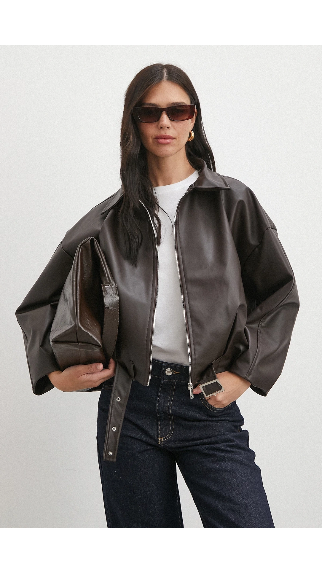 Yakalı Kemer Detaylı Deri Ceket Kahve