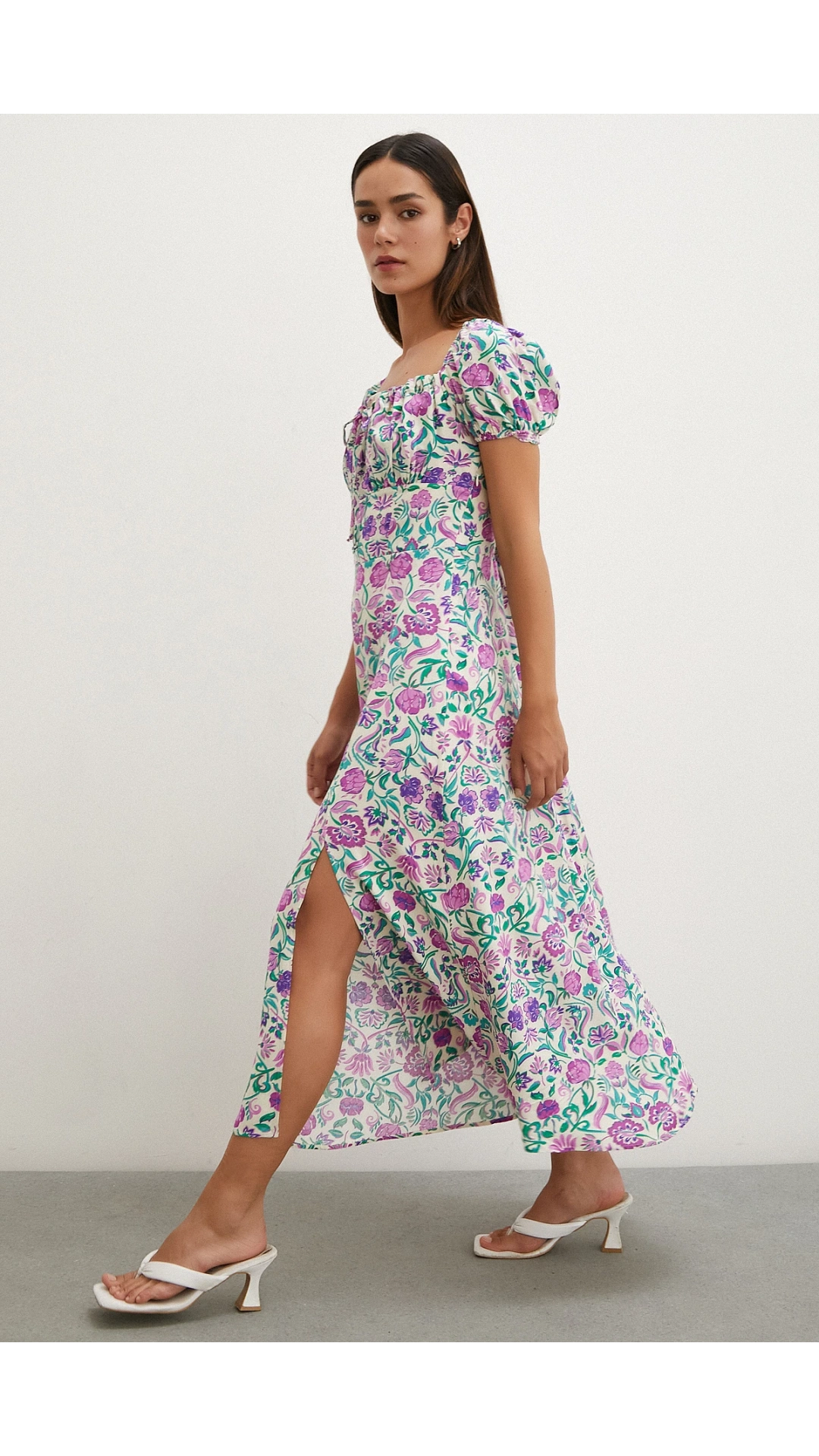 Önü Bağcıklı Madonna Viskon Elbise Lila