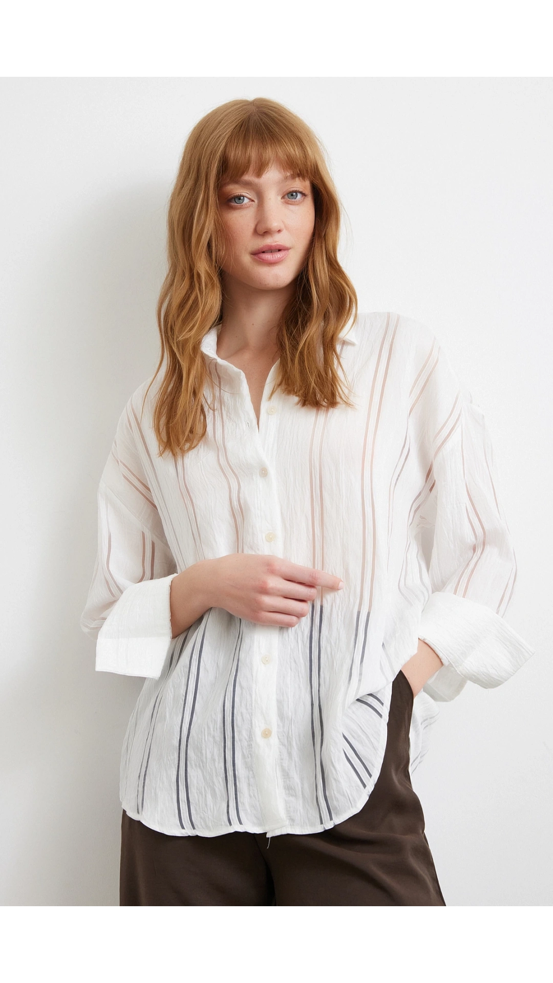 Organze Çizgili Gömlek Ekru