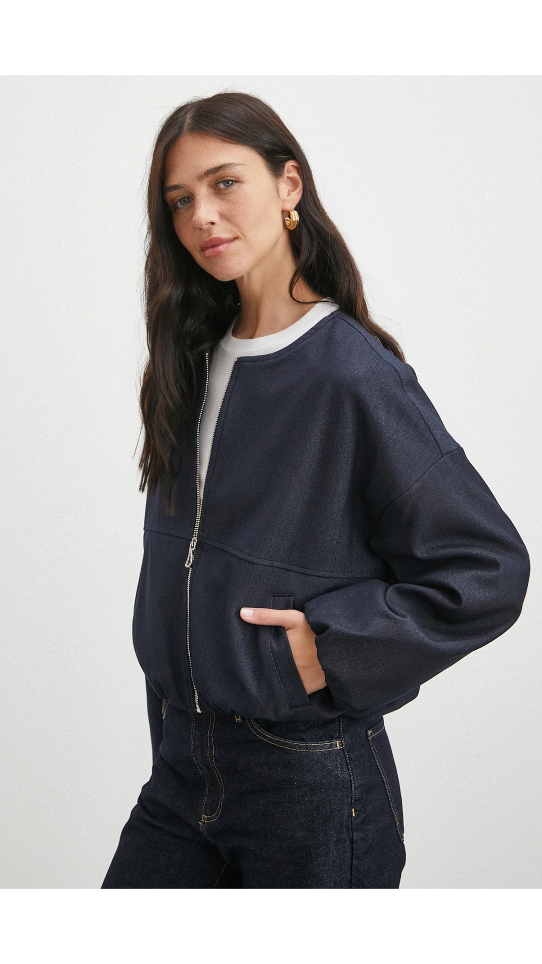 Beli Lastikli Fermuarlı Denim Görünümlü Bomber Ceket Lacivert