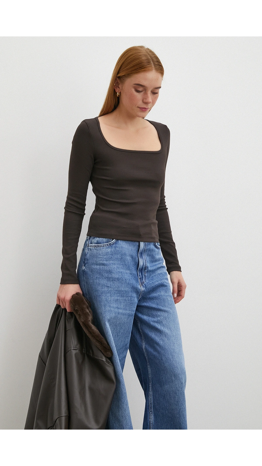 Uzun Kol Kare Yaka Bluz Kahve