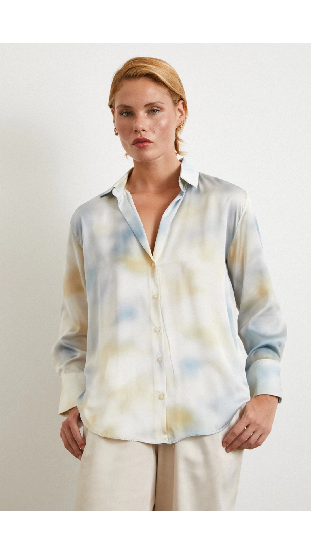 Ebruli Desen Saten GömleK Buz Mavisi