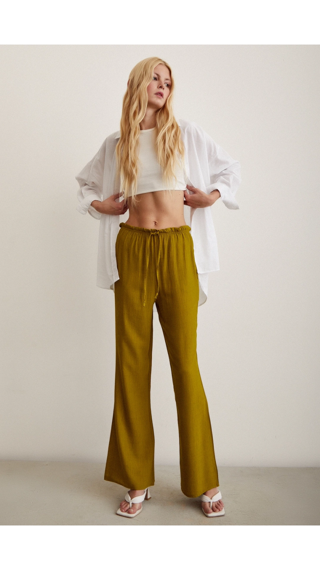 Beli Lastikli Biyeli Yüksek Bel Pantolon Yağ Yeşili